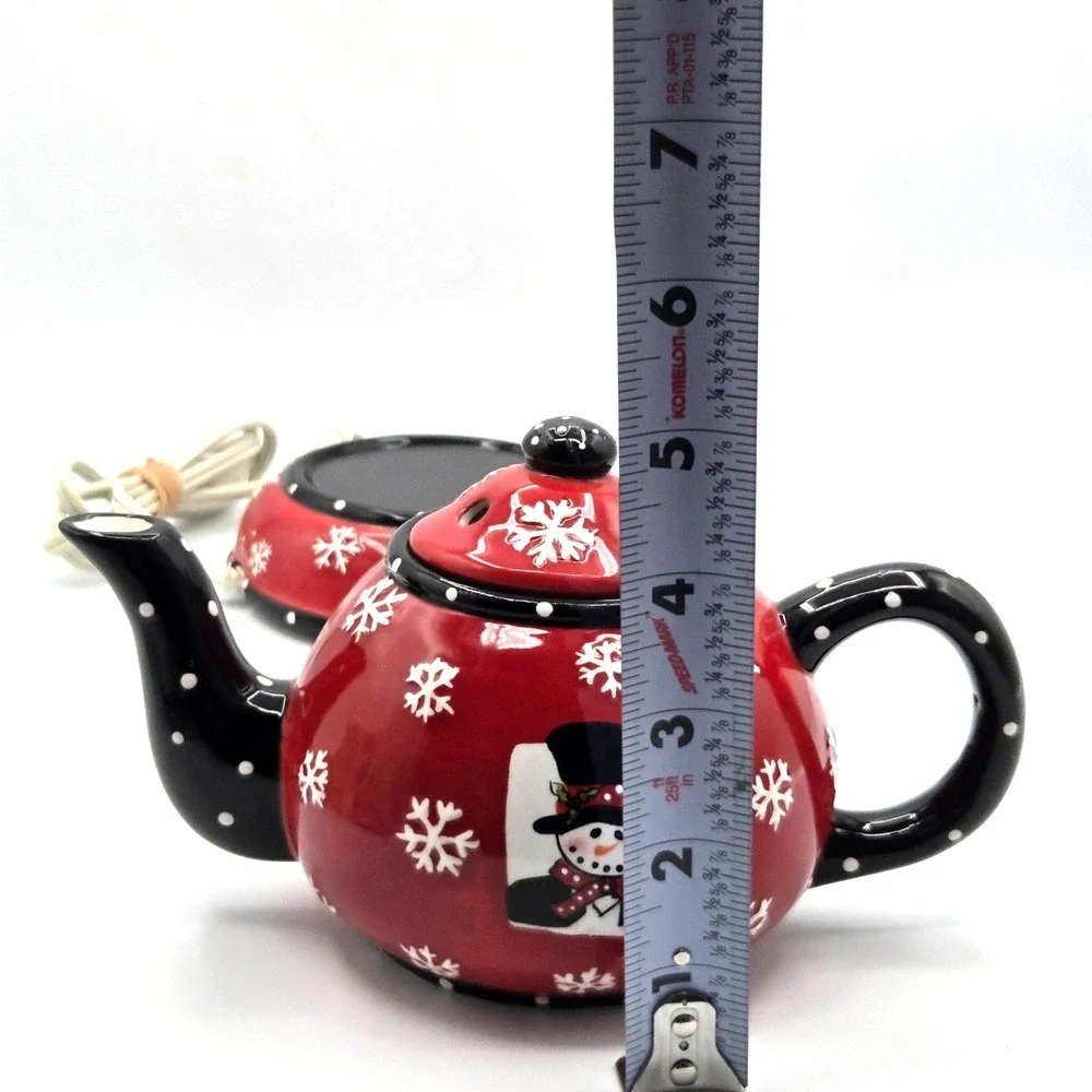 VINTAGE 2004 Red & Black Ceramic Snowman Teapot with Warmer
